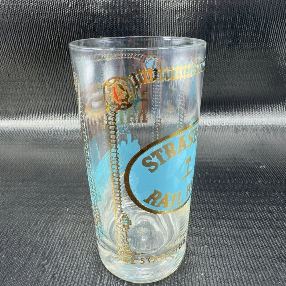 1960s STEAMBURG RAIL ROAD Barware Glasses Cups‎ Highball Tumblers Vintage Set 3